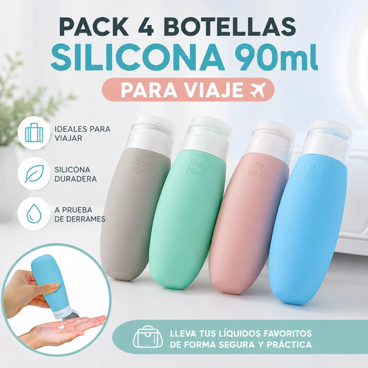Pack 4 Botellas Silicona 90ml para Viaje