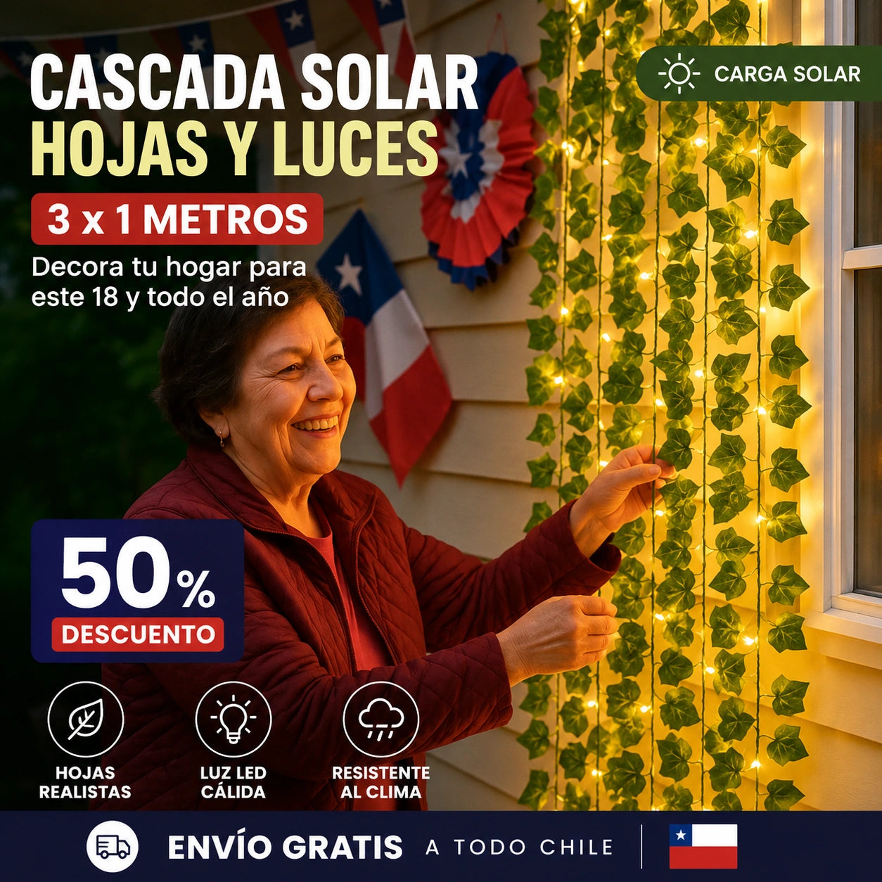 Cascada Solar Hojas y Luces 3x1 m