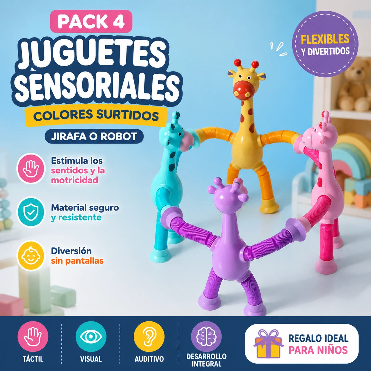 Pack 4 Juguetes Sensoriales colores surtidos- Jirafa o Robot